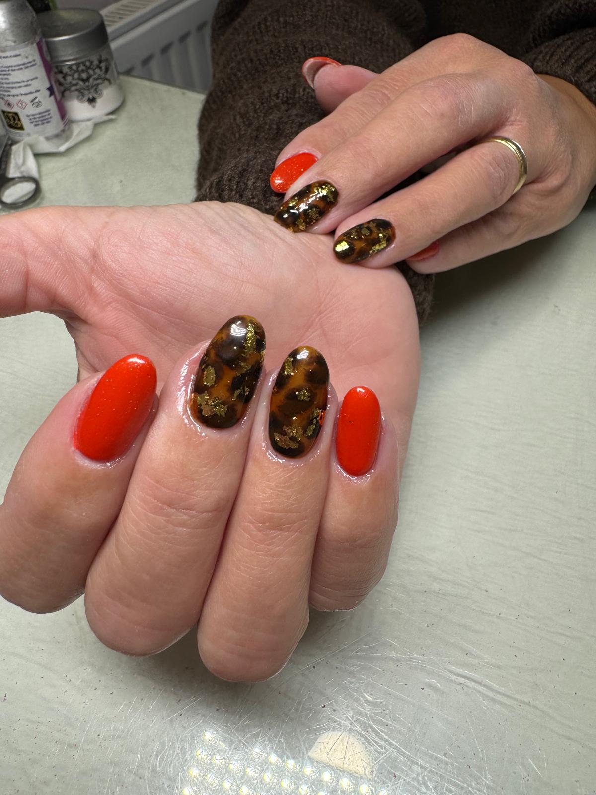 Builder gel nails with tortoiseshell nail art