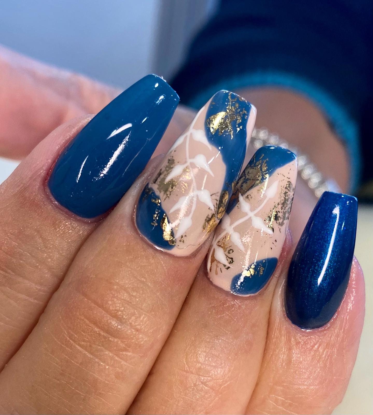 Blue, nude and gold NSI acrylic nail art