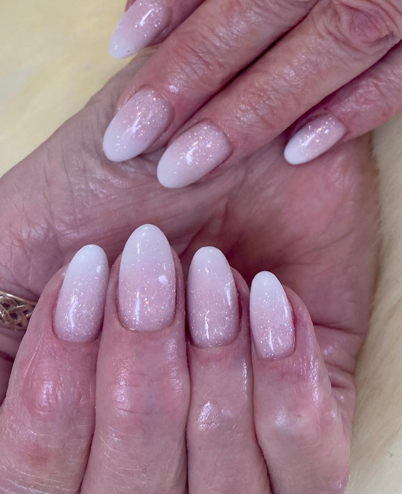 Soft pink and white glitter ombre NSI acrylic nails